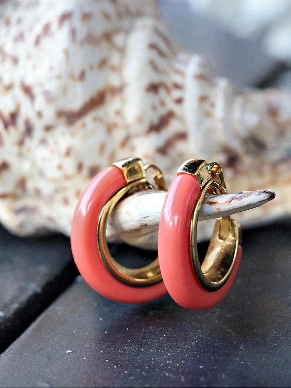 Trifari vintage coral Gold Hoop clip on Earrings